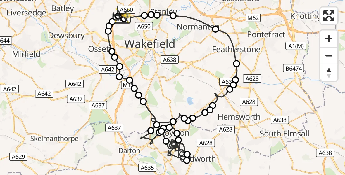 Flight path map showing Police Helicopter route from East Ardsley to Wrenthorpe