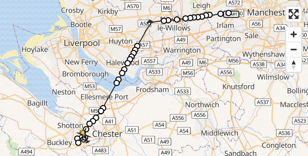 Flight path map showing Police Helicopter route from Irlam to Sandycroft