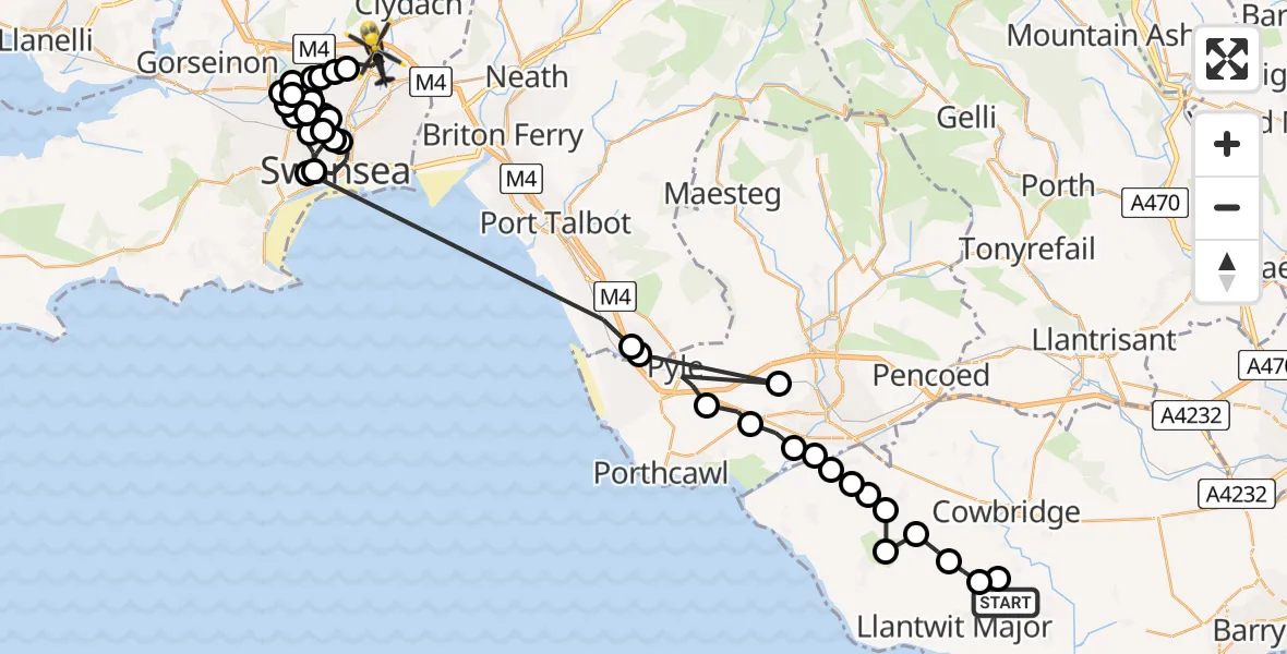 Flight path map showing Police Helicopter route from Eglwys Brewis to Ynysforgan
