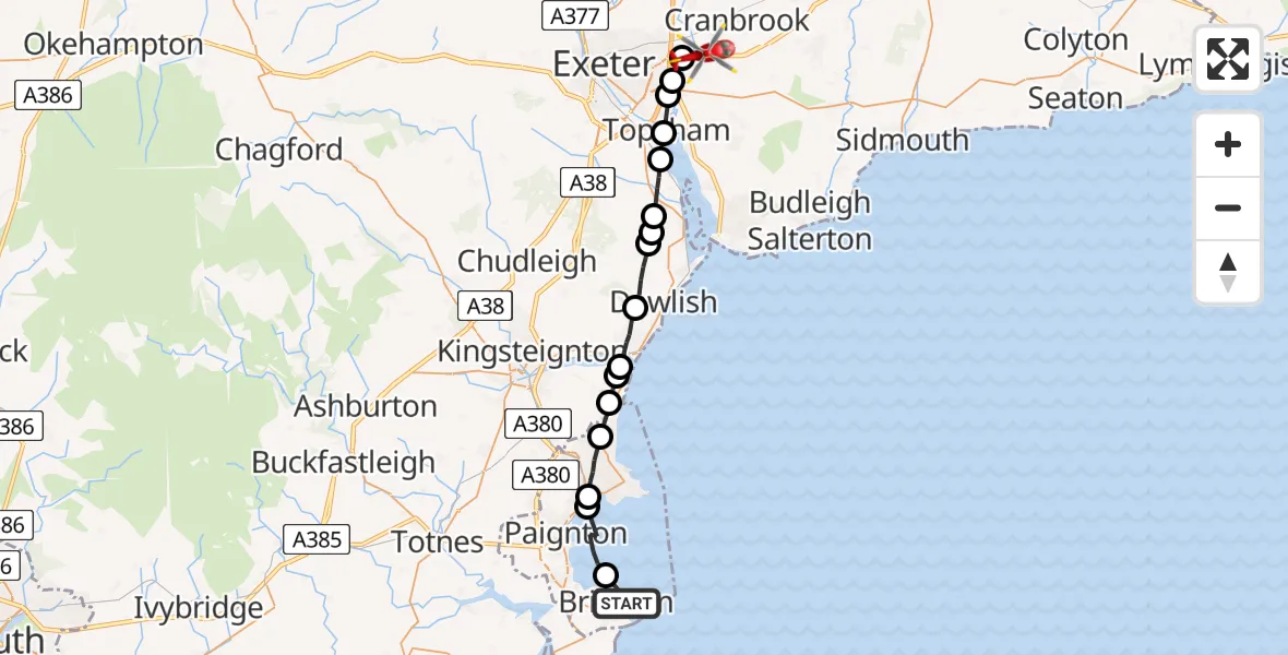 Flight path map showing Air Ambulance Helicopter route from Brixham to Clyst Honiton