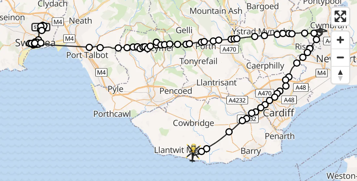 Flight path map showing Police Helicopter route from Plasmarl to MOD St Athan