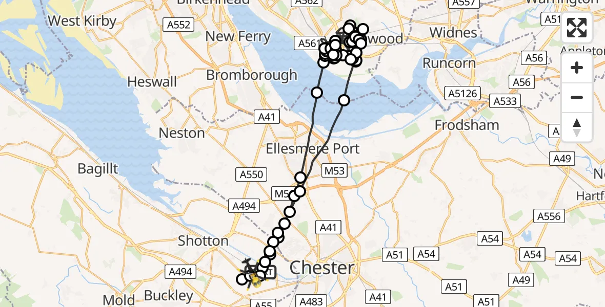 Flight path map showing Police Helicopter route from Hawarden Airport to Hawarden Airport
