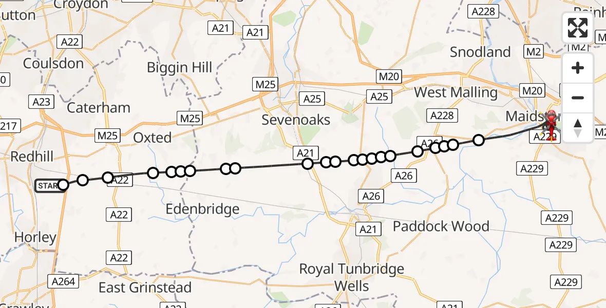 Flight path map showing Air Ambulance Helicopter route from Redhill Aerodrome to Maidstone