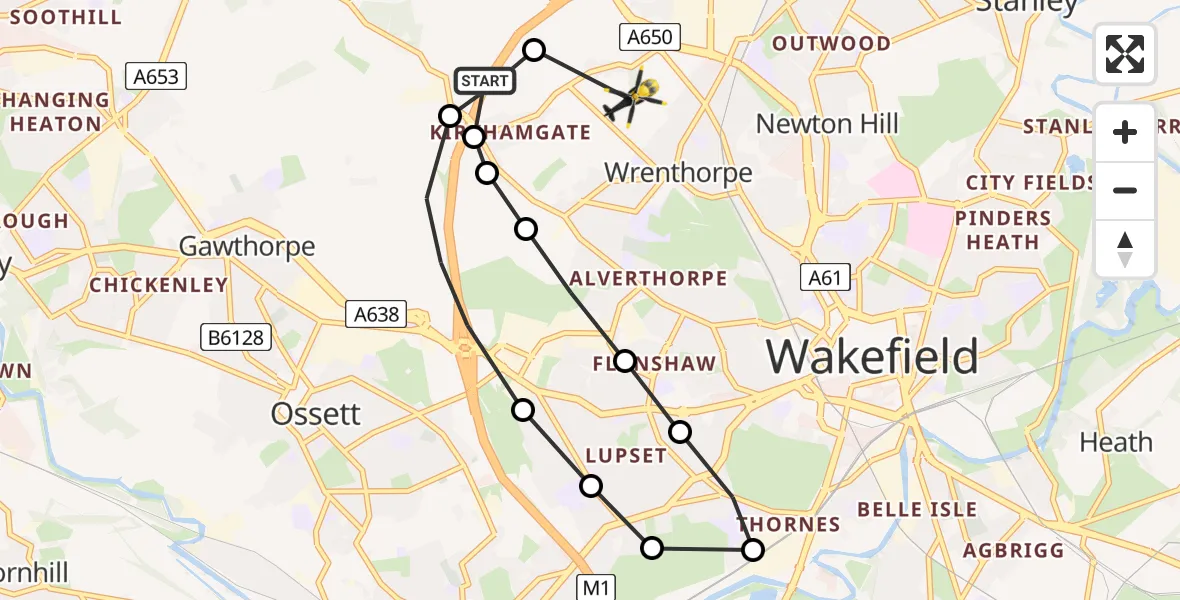 Flight path map showing Police Helicopter route from East Ardsley to Wrenthorpe