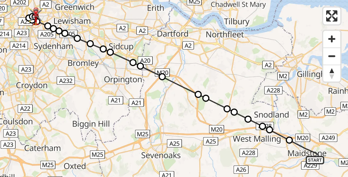 Flight path map showing Air Ambulance Helicopter route from Maidstone to Kings College London Hospital