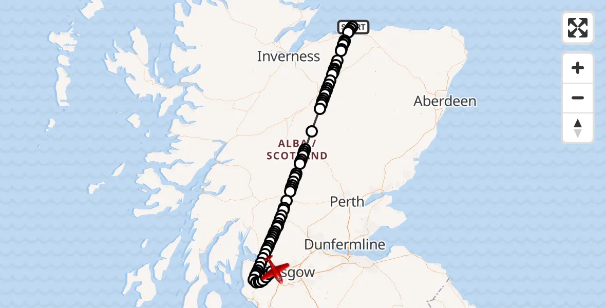 Flight path map showing Air Ambulance Aircraft route from RAF Lossiemouth to Glasgow Airport