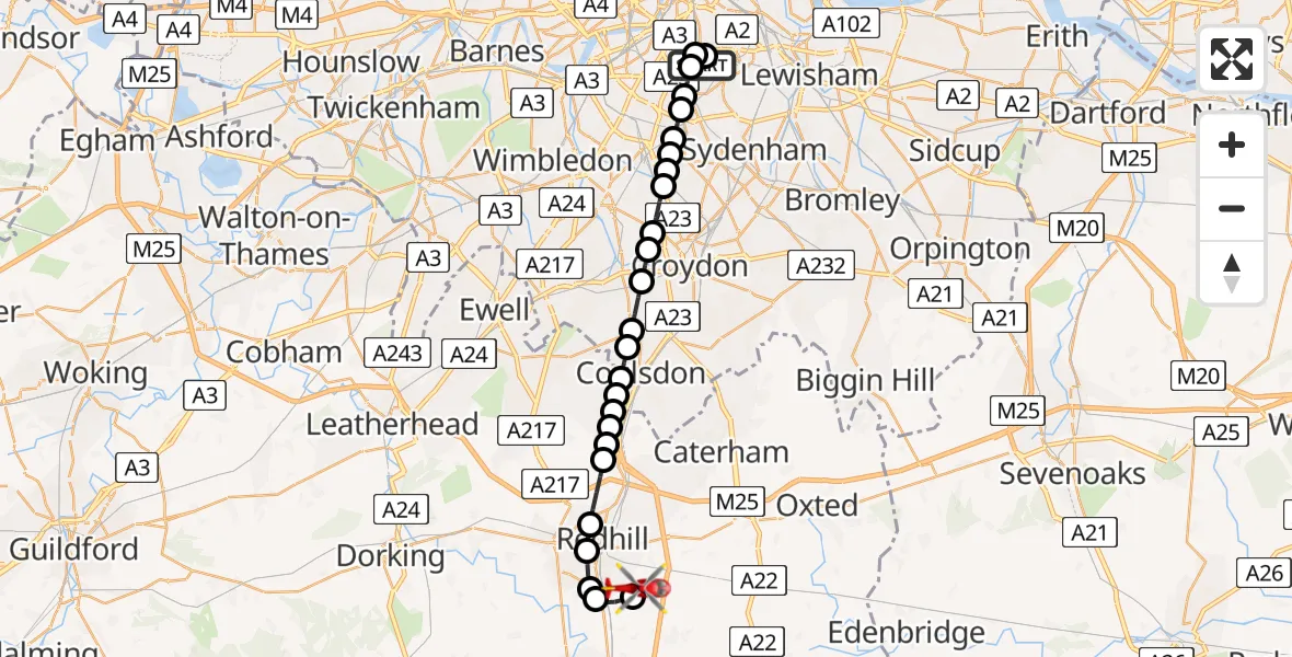 Flight path map showing Air Ambulance Helicopter route from Kings College London Hospital to Redhill Aerodrome
