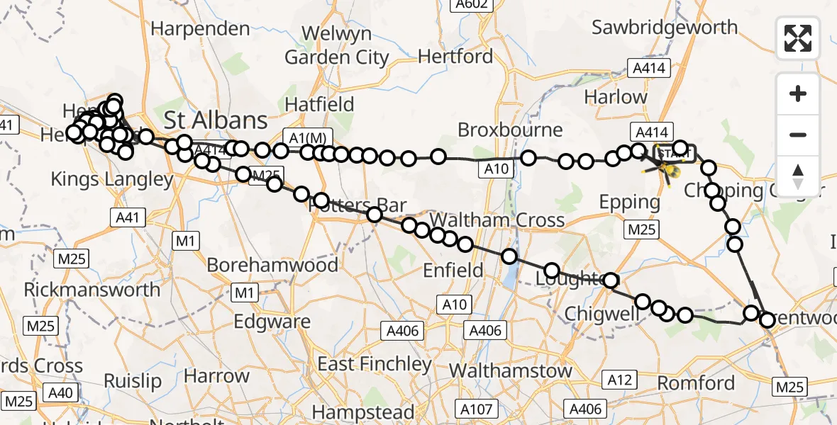 Flight path map showing Police Helicopter route from North Weald Airfield to North Weald Airfield