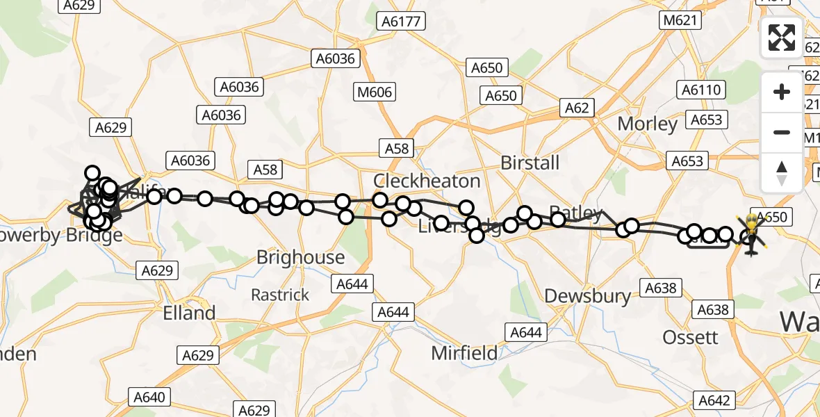 Flight path map showing Police Helicopter route from Woodkirk to Wrenthorpe