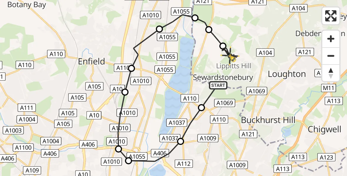 Flight path map showing Police Helicopter route from Chingford to Sewardstonebury