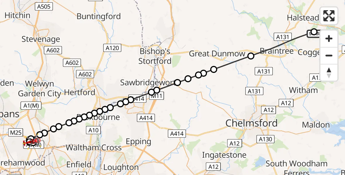Flight route Air Ambulance Helicopter Earls Colne Airfield - Ridge, 30 April 2026, 06:51