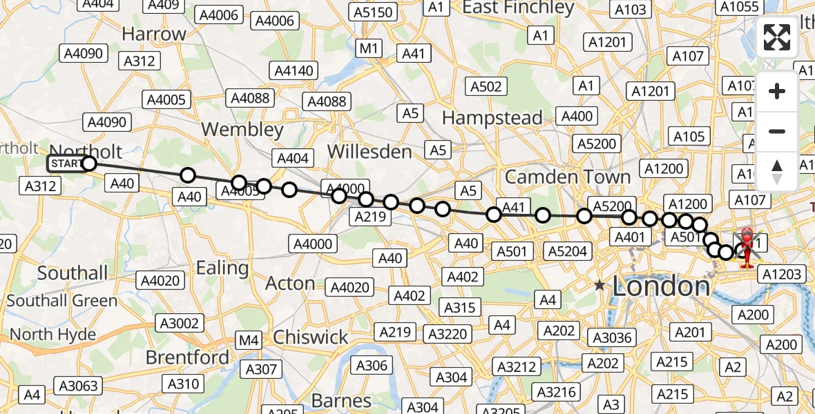 Flight path map showing Air Ambulance Helicopter route from Ealing to Royal London Hospital