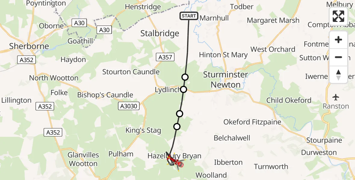 Flight path map showing Air Ambulance Helicopter route from Stalbridge to Hazelbury Bryan