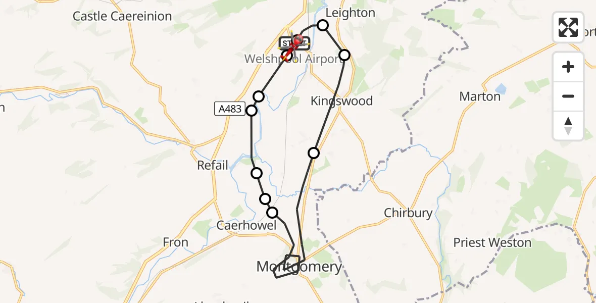 Flight path map showing Air Ambulance Helicopter route from Welshpool Airport to Welshpool Airport