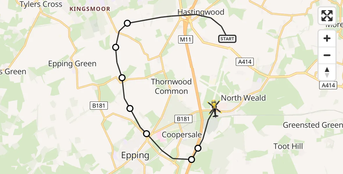 Flight path map showing Police Helicopter route from North Weald Bassett to North Weald Airfield