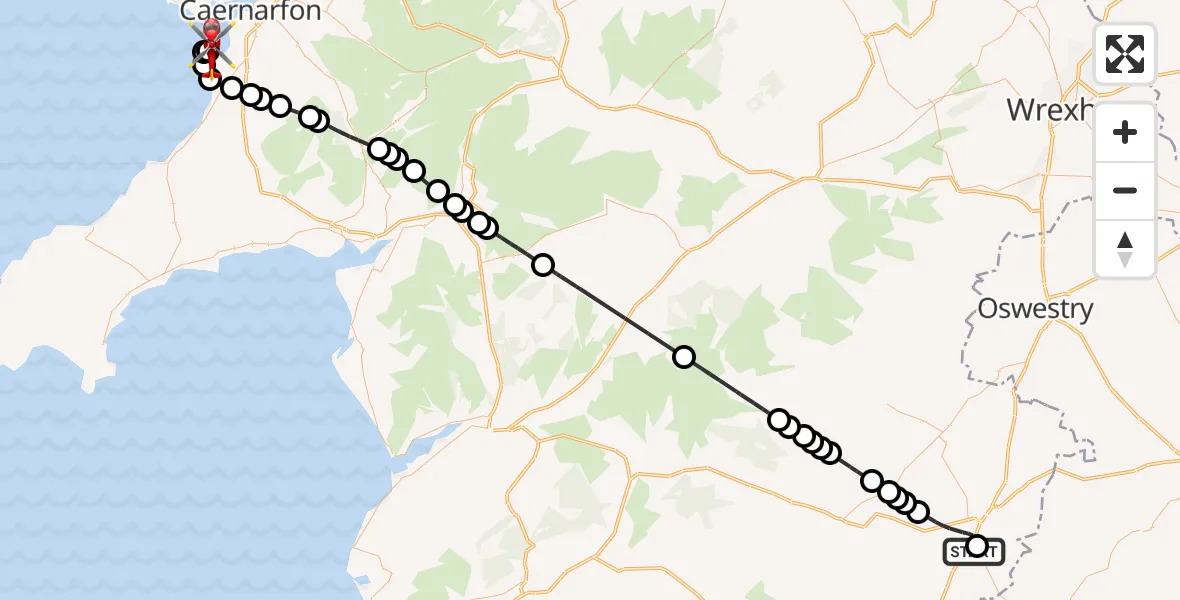 Flight path map showing Air Ambulance Helicopter route from Welshpool Airport to Caernarfon Airport