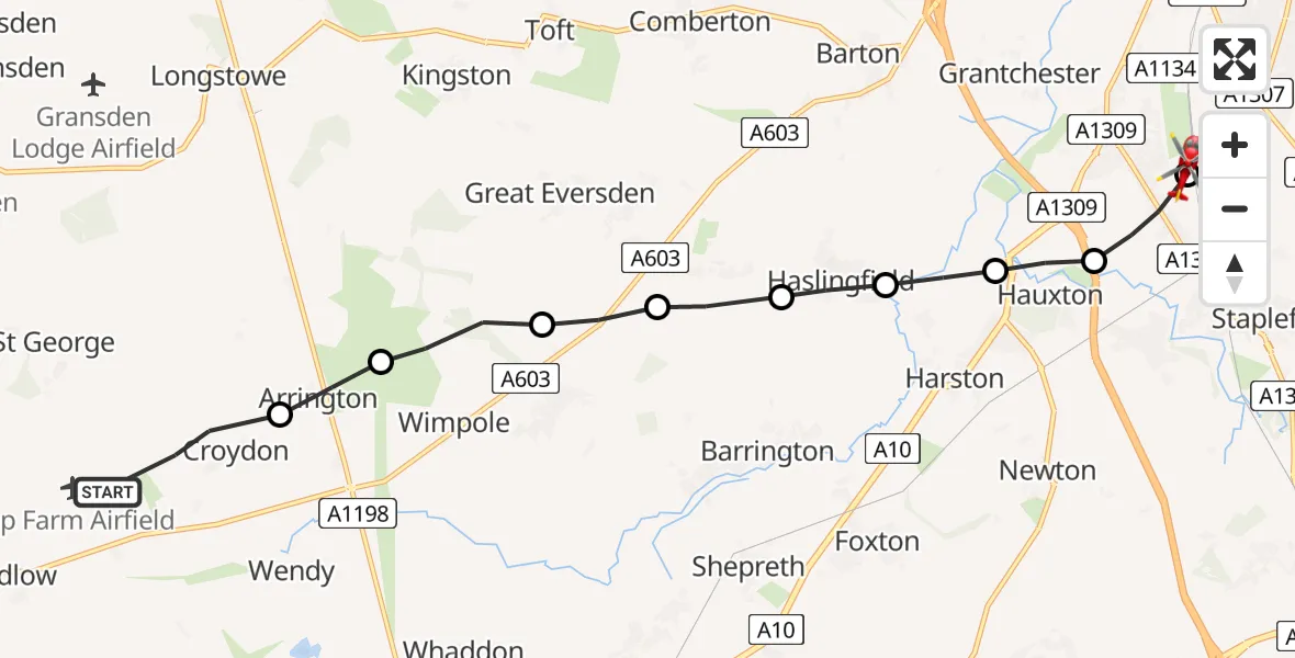Flight path map showing Air Ambulance Helicopter route from Croydon to Cambridge