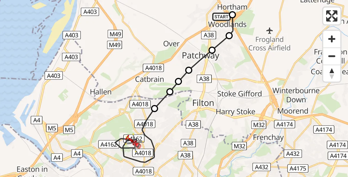 Flight path map showing Air Ambulance Helicopter route from Almondsbury Helicopter Base to Bristol