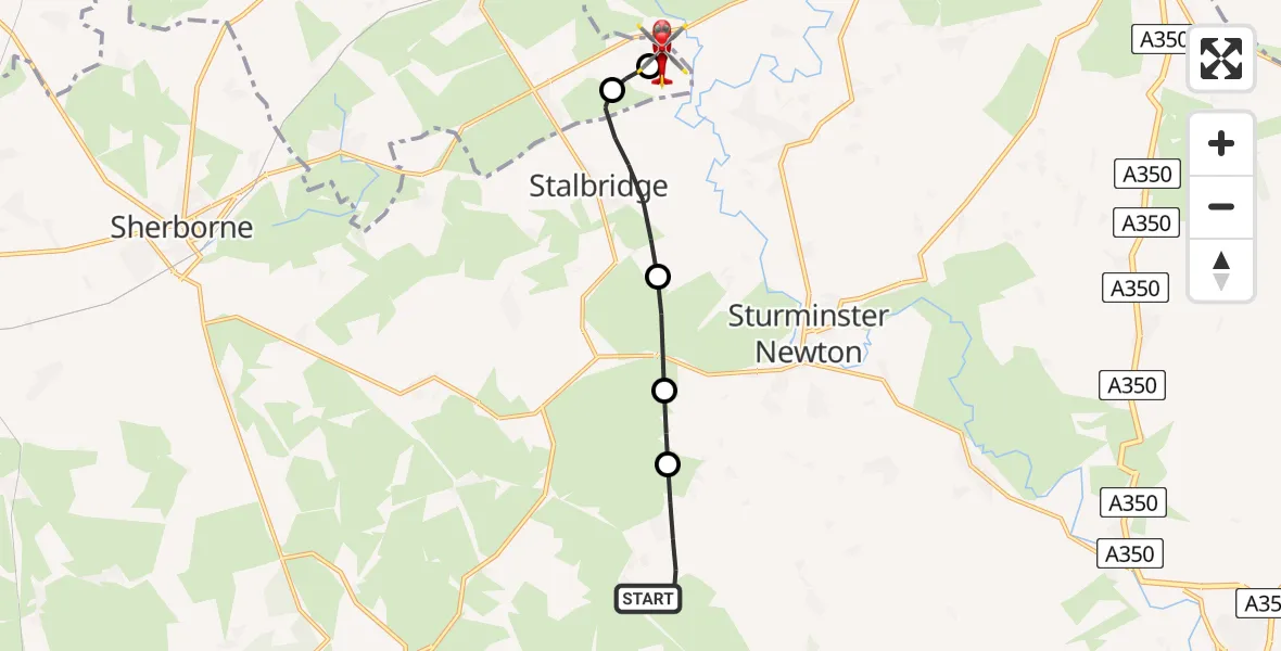 Flight path map showing Air Ambulance Helicopter route from Hazelbury Bryan to Henstridge Airfield