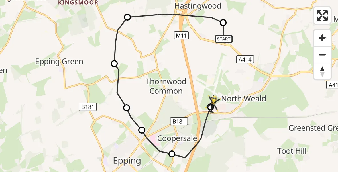 Flight path map showing Police Helicopter route from North Weald Airfield to North Weald Airfield