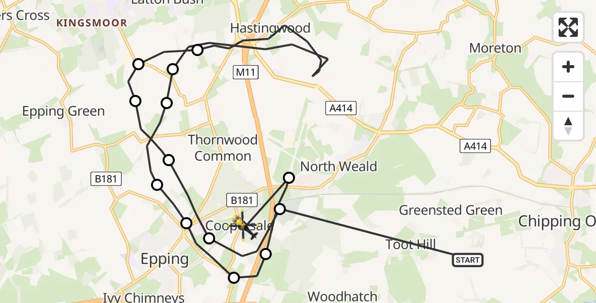 Flight path map showing Police Helicopter route from Toot Hill to Coopersale