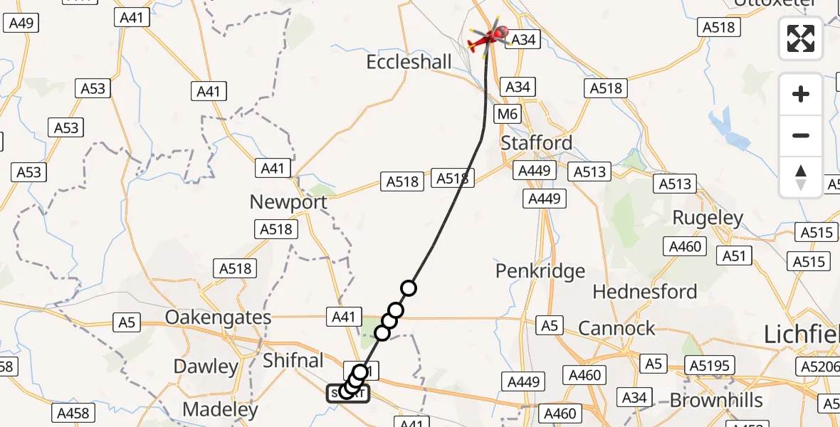 Flight path map showing Air Ambulance Helicopter route from RAF Cosford to Stafford