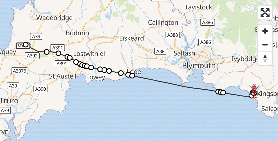 Flight path map showing Air Ambulance Helicopter route from Cornwall Airport Newquay to Bigbury