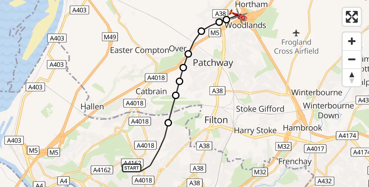 Flight path map showing Air Ambulance Helicopter route from Bristol to Almondsbury Helicopter Base