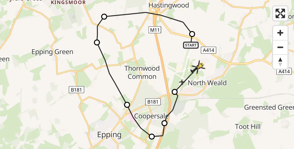 Flight path map showing Police Helicopter route from North Weald Airfield to North Weald Bassett