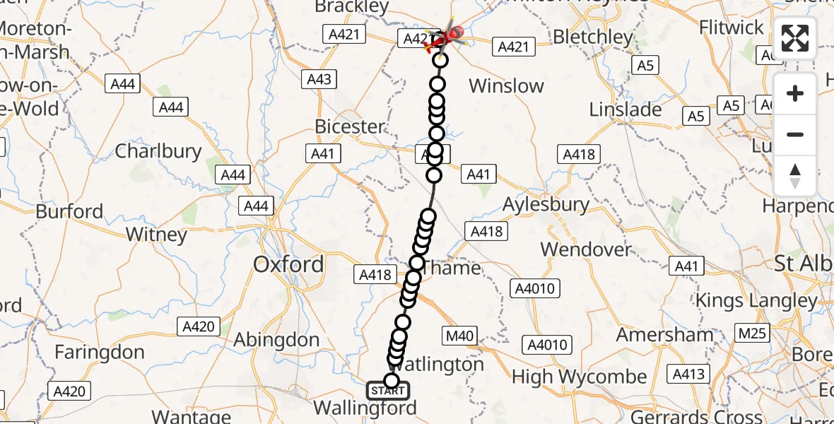 Flight path map showing Air Ambulance Helicopter route from RAF Benson to Buckingham