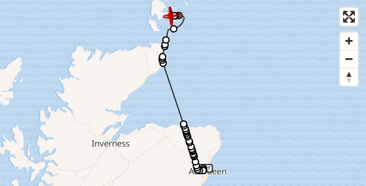 Flight path map showing Air Ambulance Aircraft route from Aberdeen International Airport to Tankerness