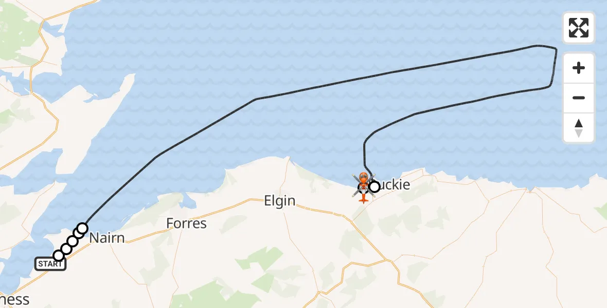 Flight path map showing Coastguard Helicopter route from Inverness Airport to Upper Dallachy