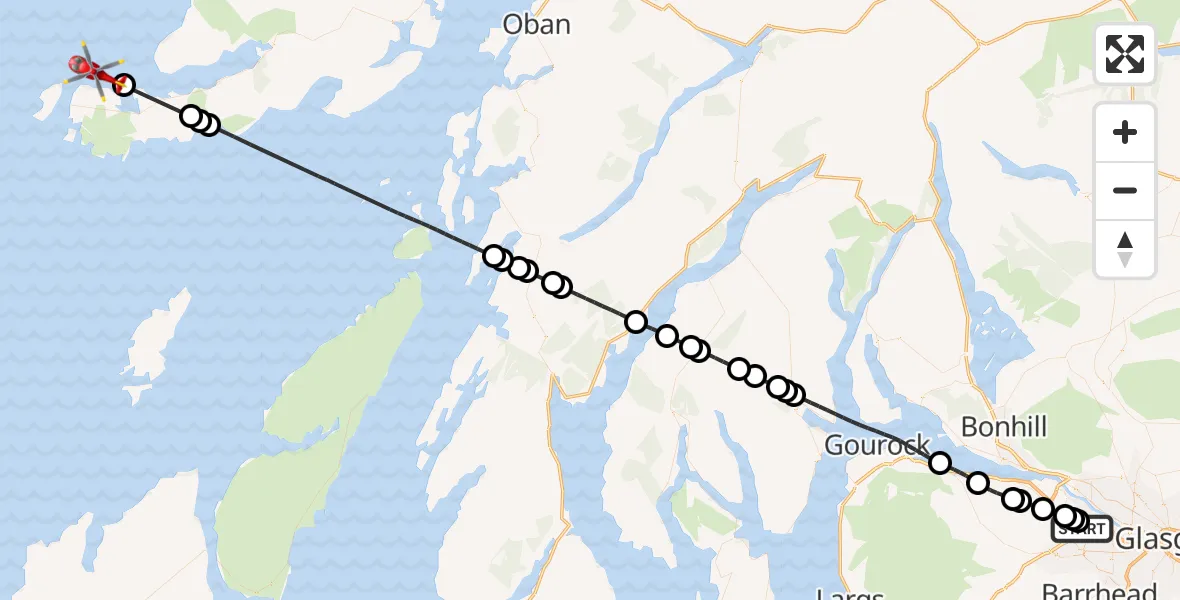 Flight path map showing Air Ambulance Helicopter route from Glasgow Airport to Inner Seas