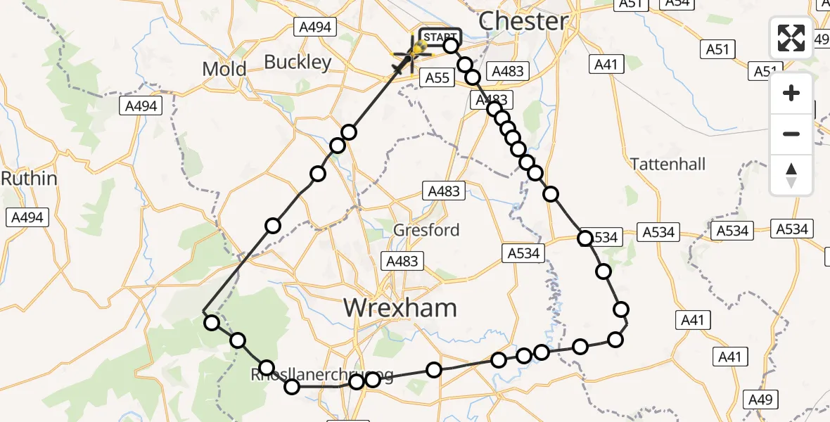 Flight path map showing Police Helicopter route from Hawarden Airport to Hawarden Airport