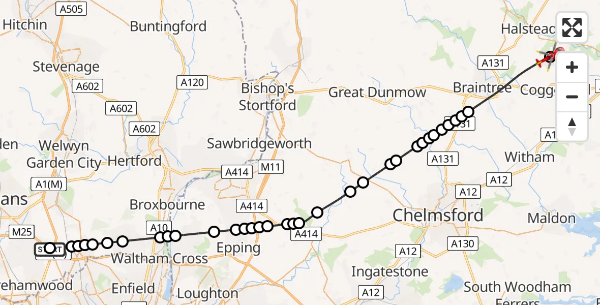 Flight path map showing Air Ambulance Helicopter route from South Mimms to Earls Colne Airfield