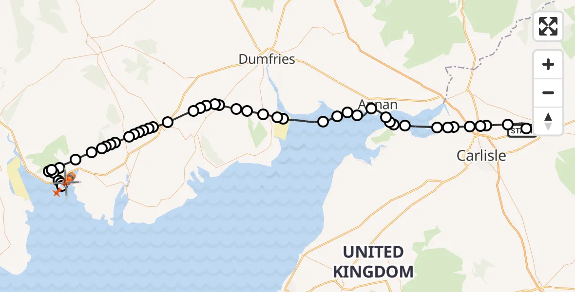 Flight path map showing Coastguard Helicopter route from Carlisle Lake District Airport to Standing Stones of Newton