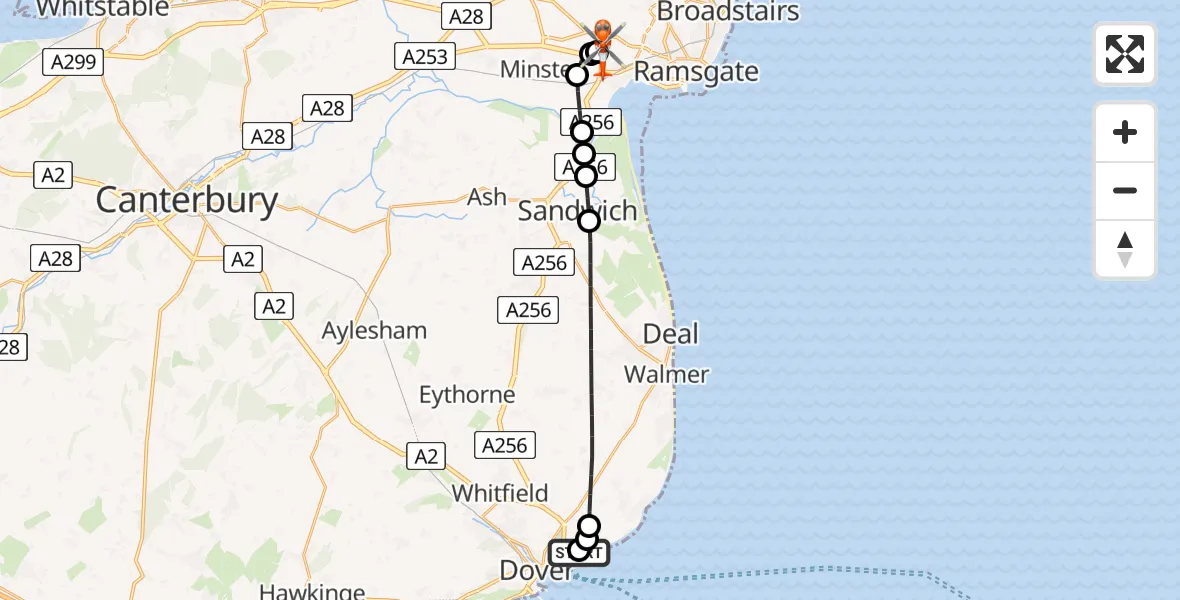 Flight path map showing Coastguard Helicopter route from Langdon Battery Heliport to Manston Airport