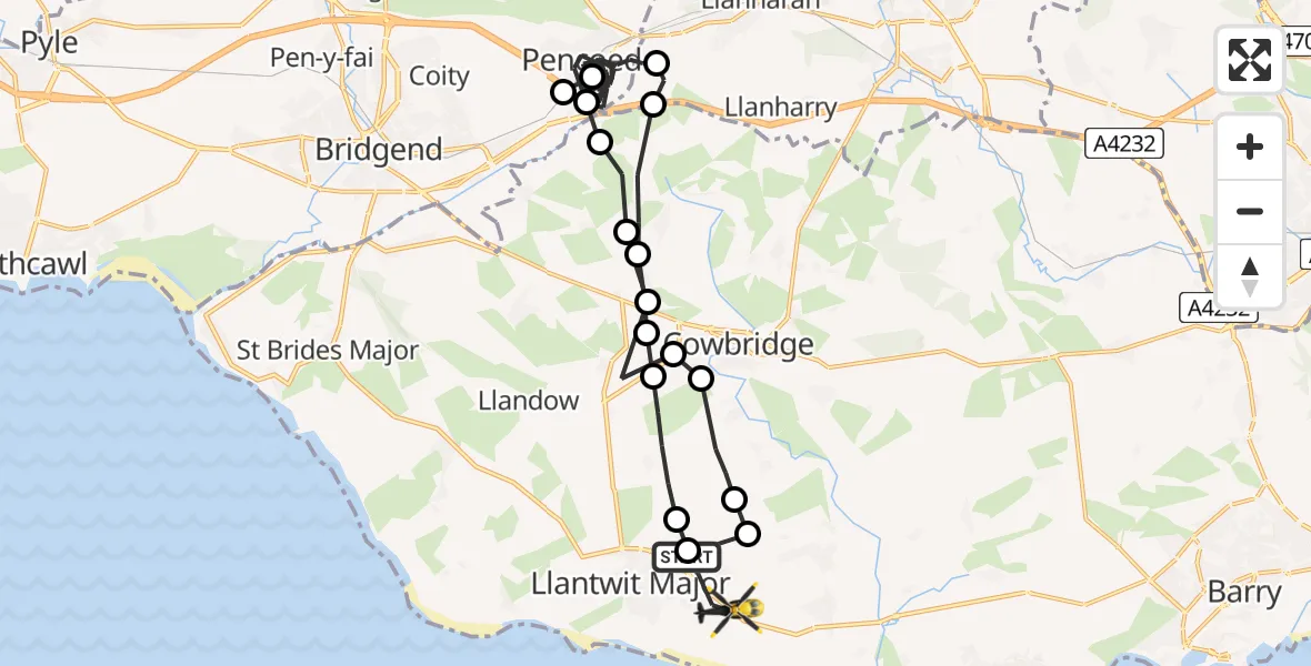 Flight path map showing Police Helicopter route from Llanmaes to MOD St Athan