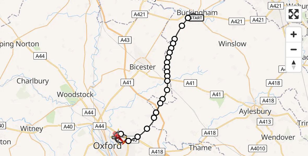 Flight path map showing Air Ambulance Helicopter route from Buckingham to Oxford