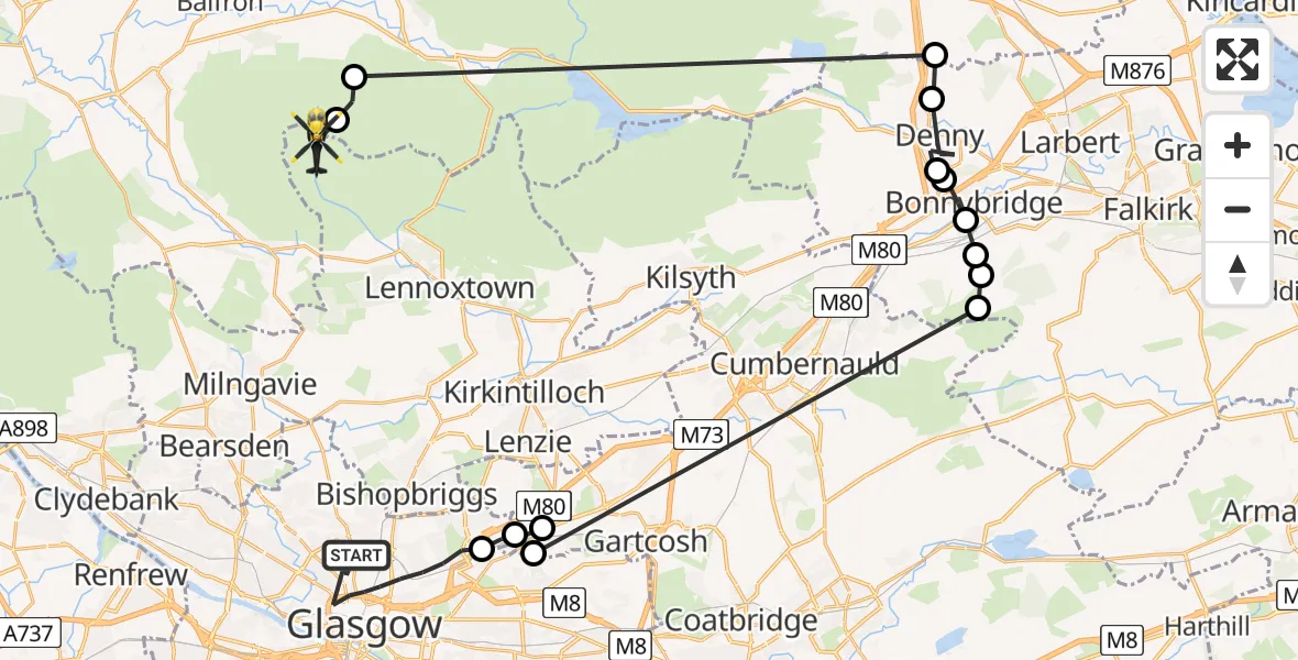 Flight path map showing Police Helicopter route from Glasgow to Fin Glen
