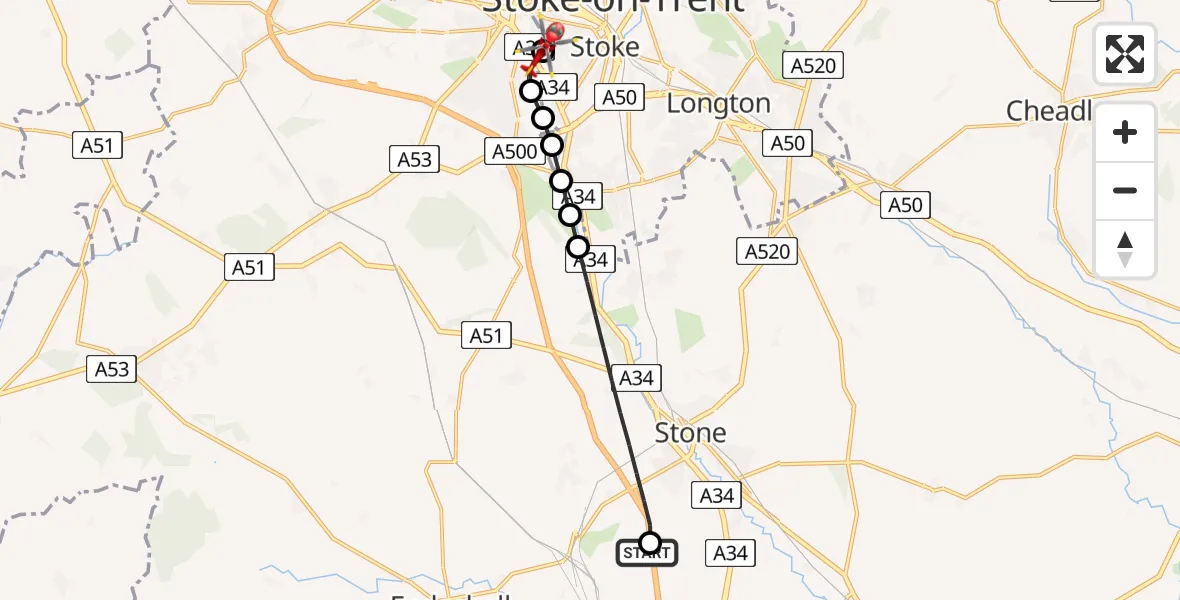 Flight path map showing Air Ambulance Helicopter route from Stafford to University Hospital North Staffs