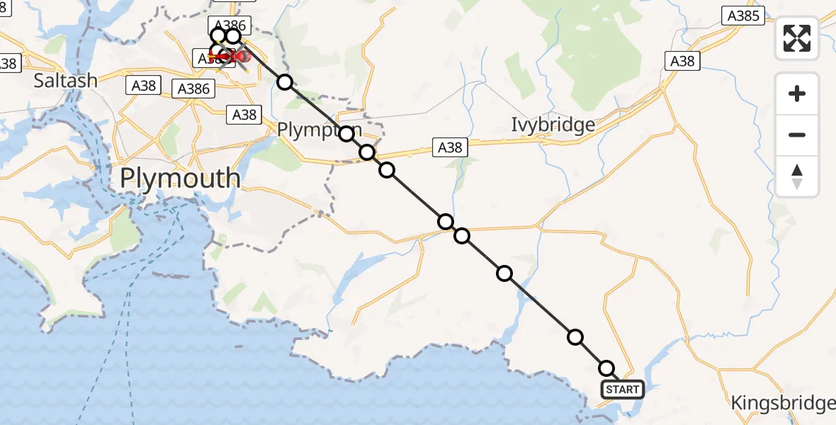Routekaart van de vlucht: Air Ambulance Helicopter to Derriford Hospital