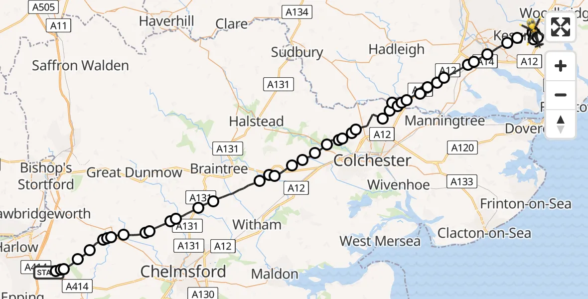 Flight path map showing Police Helicopter route from North Weald Bassett to Martlesham