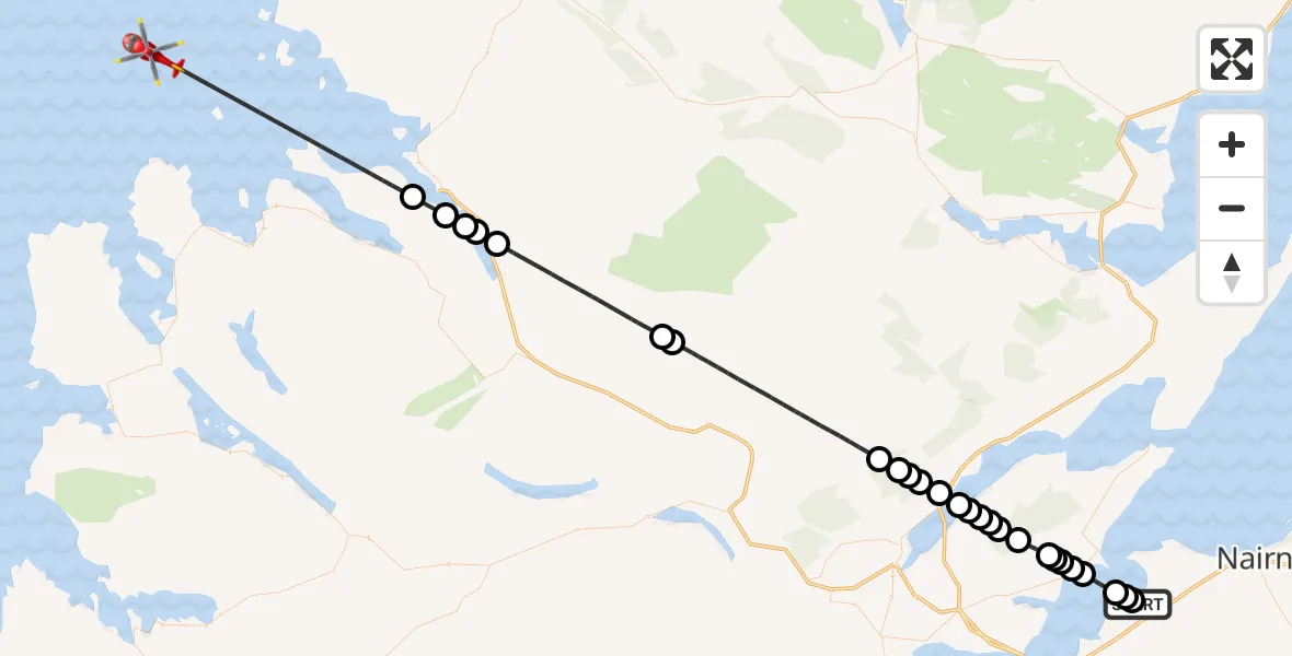 Flight path map showing Air Ambulance Helicopter route from Inverness Airport to Inner Seas