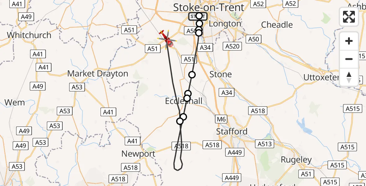 Flight path map showing Air Ambulance Helicopter route from University Hospital North Staffs to Newcastle-under-Lyme