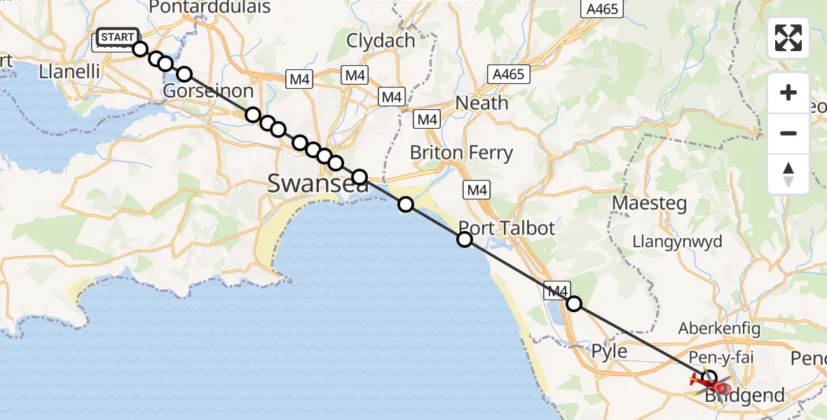 Flight path map showing Air Ambulance Helicopter route from Dafen to Bryntirion