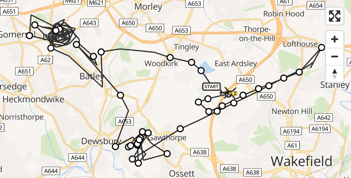 Flight path map showing Police Helicopter route from East Ardsley to Wrenthorpe