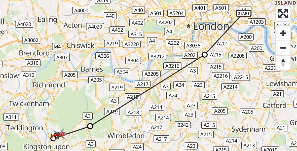 Flight path map showing Air Ambulance Helicopter route from Royal London Hospital to Norbiton