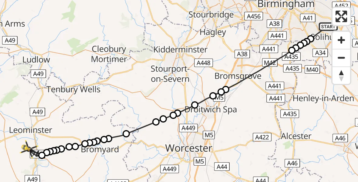 Flight path map showing Police Helicopter route from Solihull to Hope under Dinmore