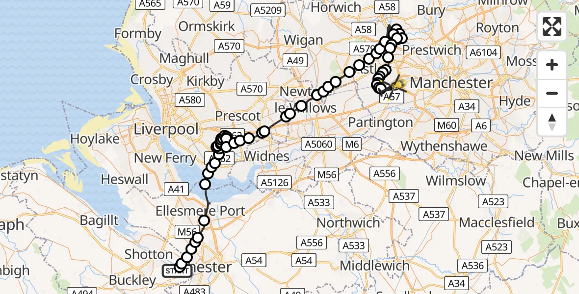 Flight path map showing Police Helicopter route from Hawarden Airport to Irlam